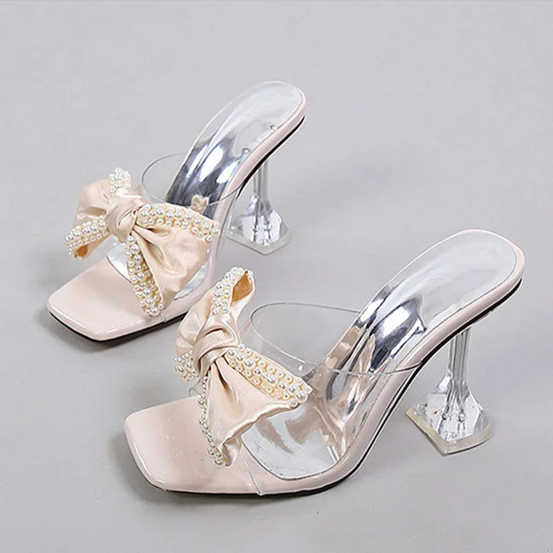 Pearl Bow Designer Slipper New Transparent Pvc High Heeled Sandals Non Slip Mule Shoes Pumps