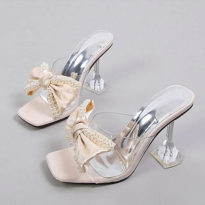 Pearl Bow Designer Slipper New Transparent Pvc High Heeled Sandals Non Slip Mule Shoes Pumps