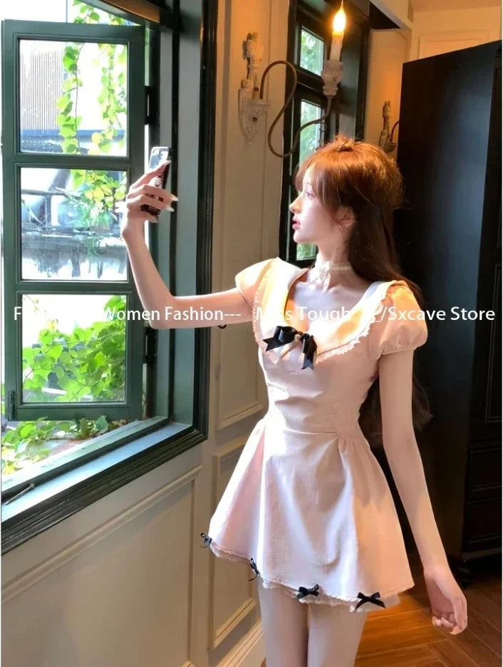 Short Sleeve Kawaii Mini Dress 2000s Y2k Clothing Japanese Sweet Pink Dress Evening Party