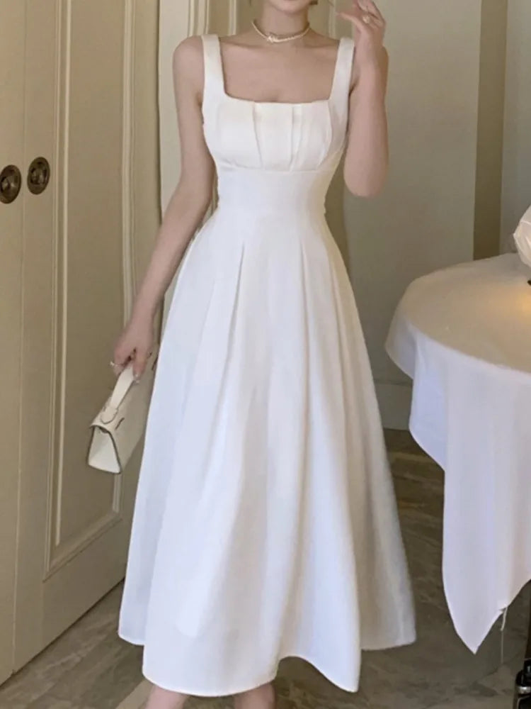 Summer Spring Dresses French Spaghetti Strap Sleeveless Princess Evening Party Midi Dress Slim Waist Vestidos Robe