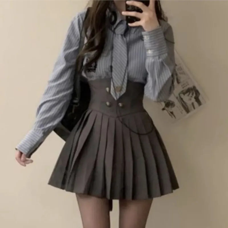 Autumn New 3 Piece Set Kawaii Skirt Suits Female Short Coat Pleated Mini Skirt Striped Shirt Y2k Korean Outfits
