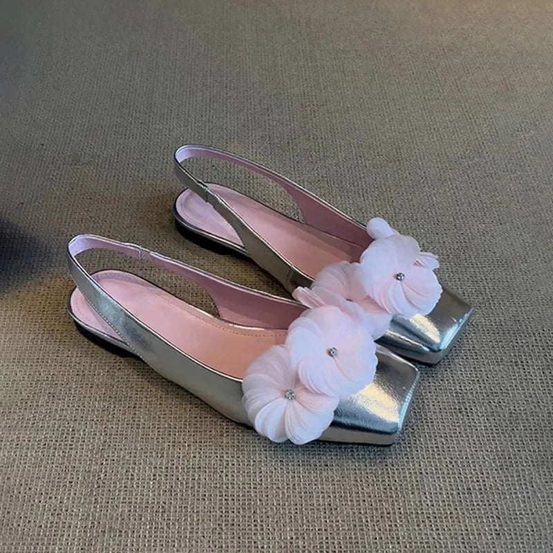 Summer Flower Mules Sandals Square Toe Slip on Singbacks Shoes Dress Flats Sandalias