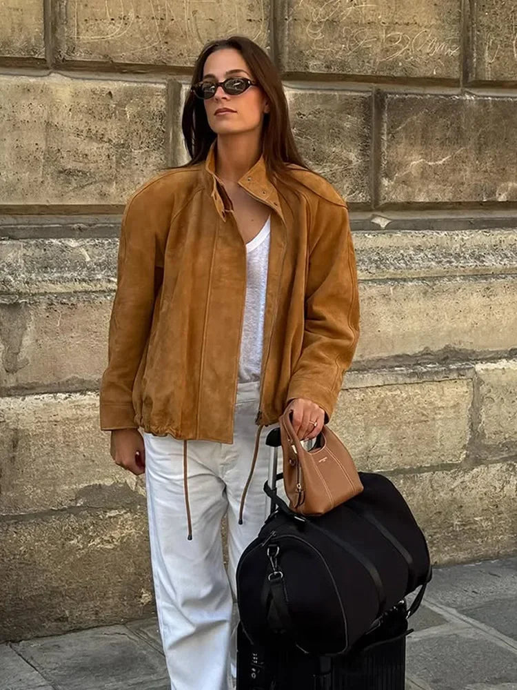 Long Sleeve Stand Collar Female Coats Suede Zipper Jacket for Autumn New Lady Pockets Outerwear Street
