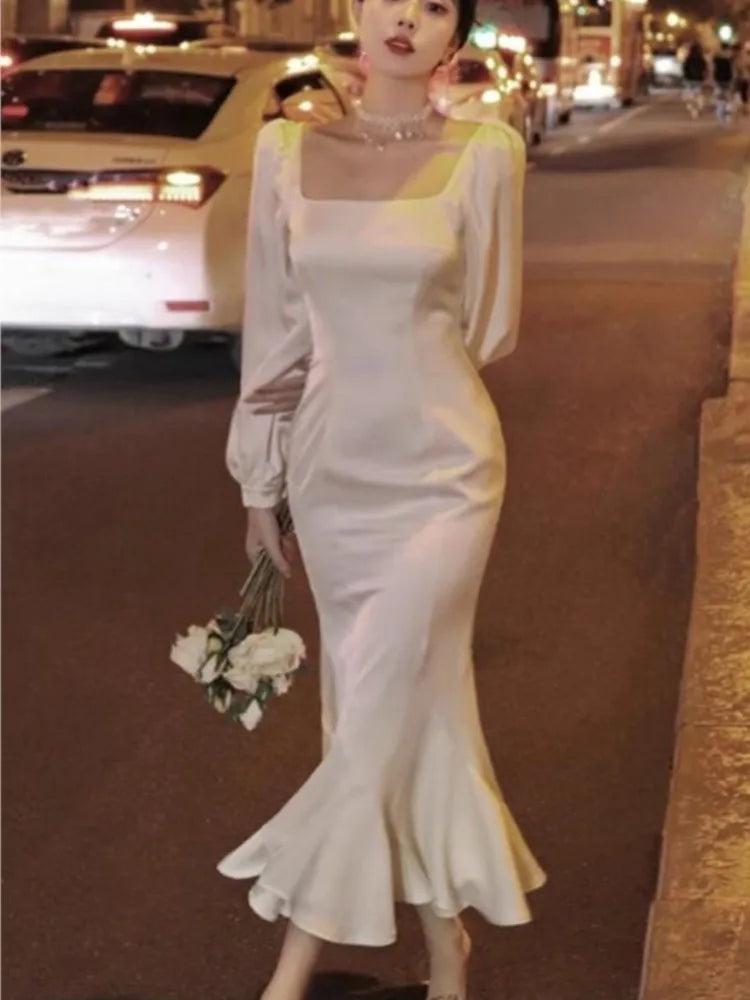 Spring Ruffles Midi Dress Evening Party Prom Vestidos Summer Long Sleeve Female Clothes Robe Korean