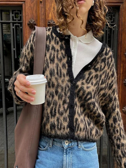 Female Leopard Cardigan Sweater Printed Contrast Loose Long Sleeve Commute Cropped Coat ’s Autumn Cardigan