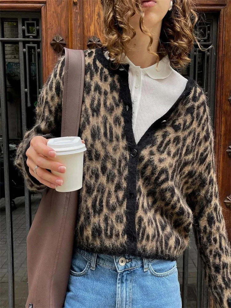 Female Leopard Cardigan Sweater Printed Contrast Loose Long Sleeve Commute Cropped Coat ’s Autumn Cardigan