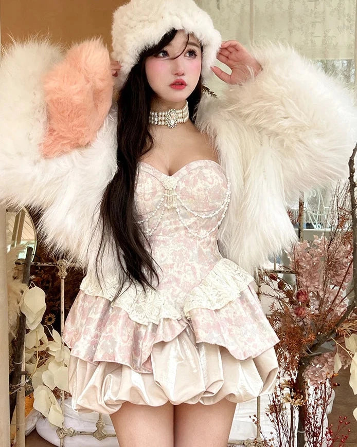 Sweet Elegance Retro Jacquard Strapless Dress for Lolita Dresses Pearl Pendant Slim Fit Patchwork Mini Dress