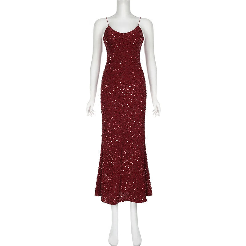 Sequined Velvet Mermaid Long Dress Party Evening Clubwear Korean Style Vneck Sleeveless Maxi Dresses New