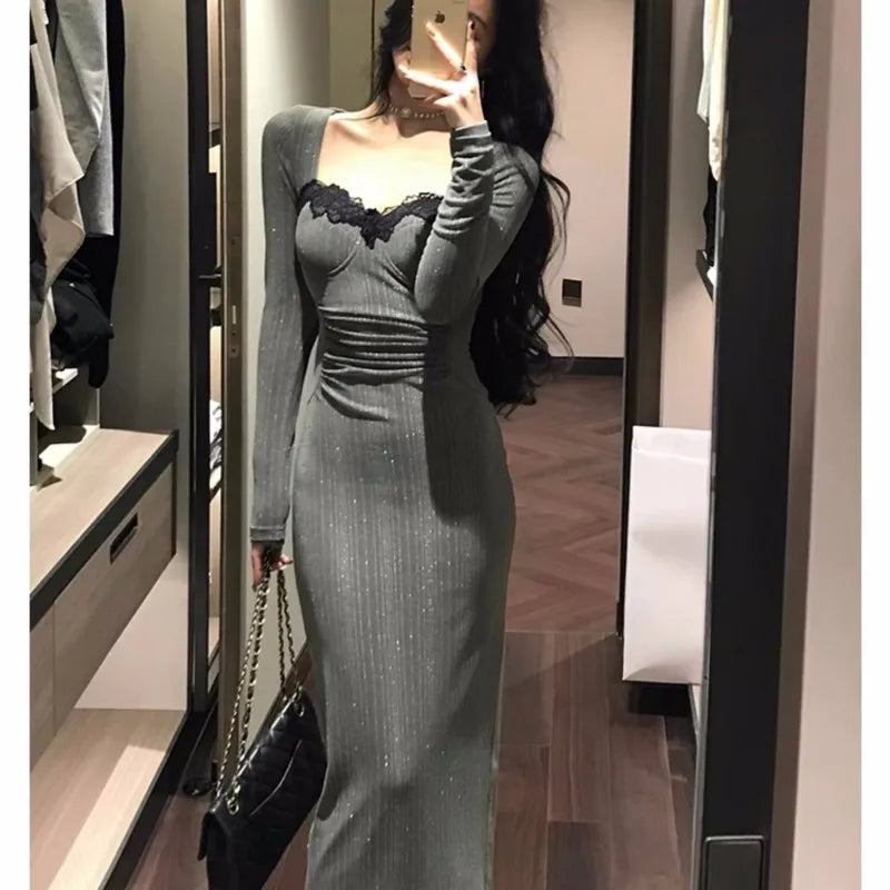 Bodycon Evening Party Dresses Long Sleeve Lace Square Collar Midi Dress High Split Prom Robe Autumn Vestidos New