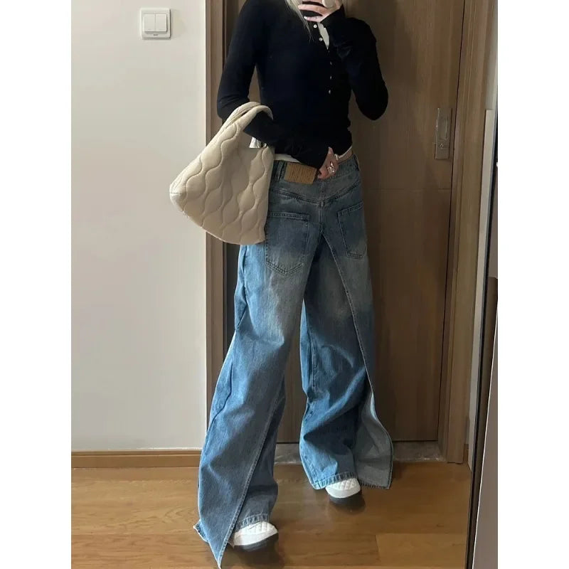 Korean Retro Washed Splicing All Match Jeans Spring New High Waist Loose Distressed Denim Wide Leg Pants