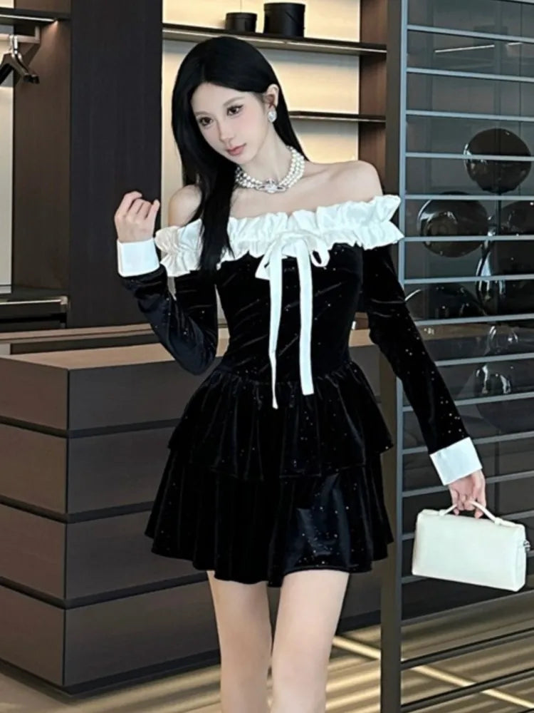 Velvet Dresses Off Shoulder Slash Neck Princess Birthday Party Mini Dress Spaghetti Strap Short Vestidos New