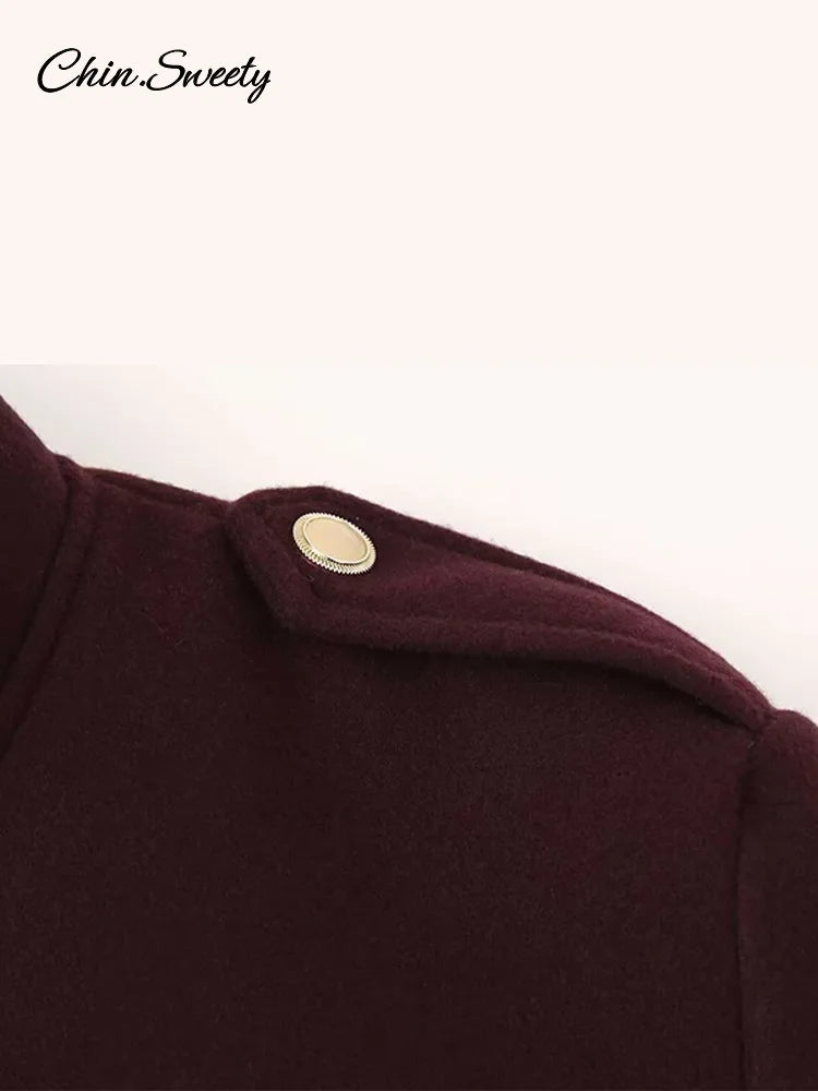 Burgundy Color Woolen Jacket for Stand Collar Single Breasted Pocket Thick Short Coat Autumn Lady Commute Outwear New