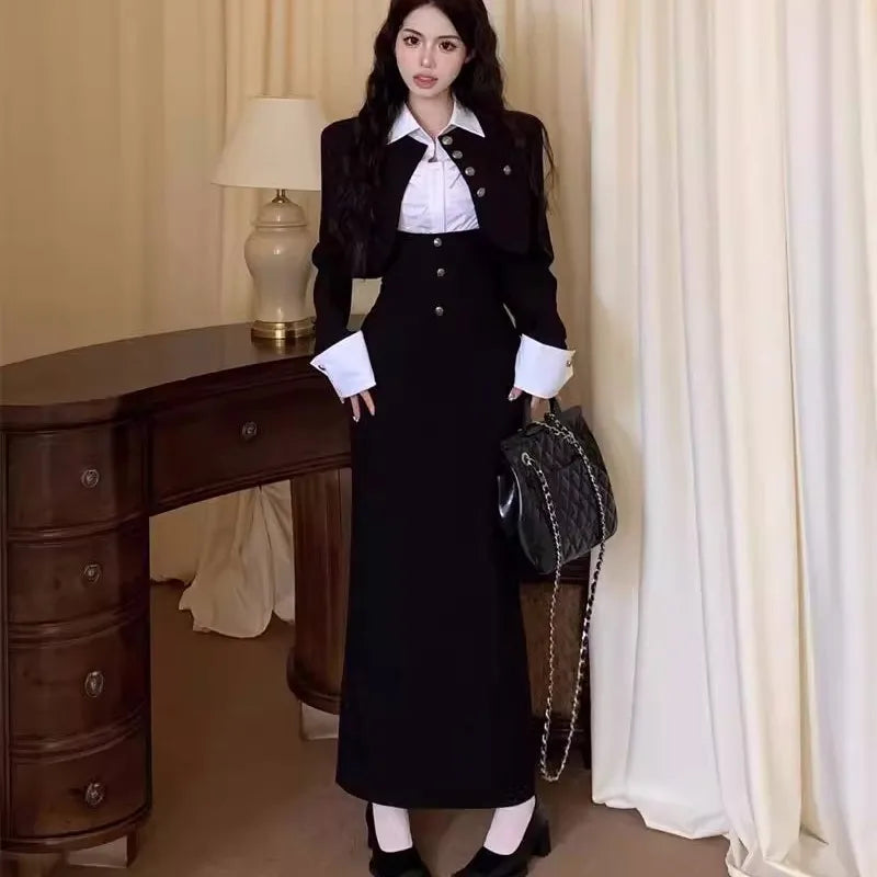 Y2k 3-piece Set Crop Coat Blazer White Shirt Halter Sleeveless Bodycon Midi Dress Autumn New Female Korean Outfits