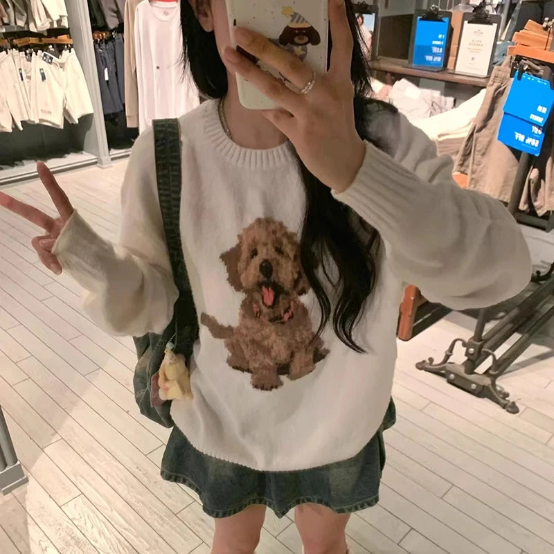 Kawaii Cartoon Dog Sweater Y2k Harajuku Print Knitted Pullovers Korean Long Sleeve Knitwear Winter Jumpers