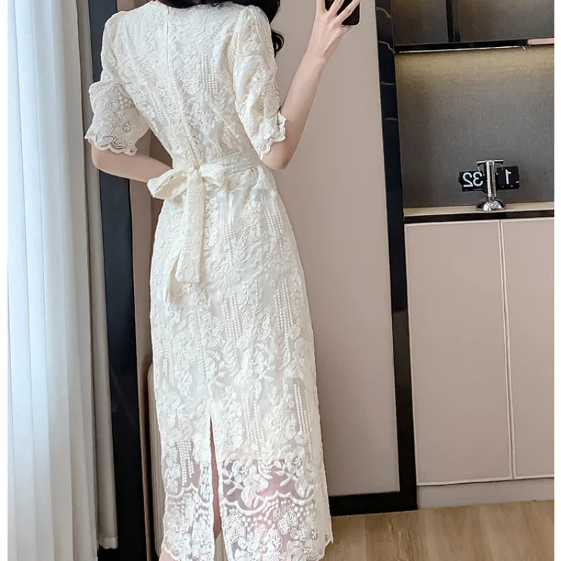 Summer White Lace Hook Flower Hollow Midi Dress Party Evening Dress Korean Festival Dress