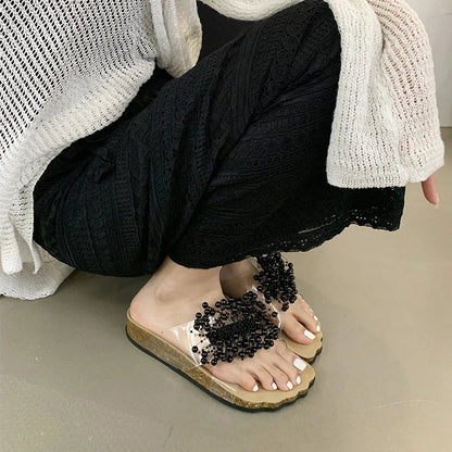 New Green Pearl Designer Slides Transparent Slippers Cozy Wide Open Toe Low Heels Beach Shoes Gladiator Sandals