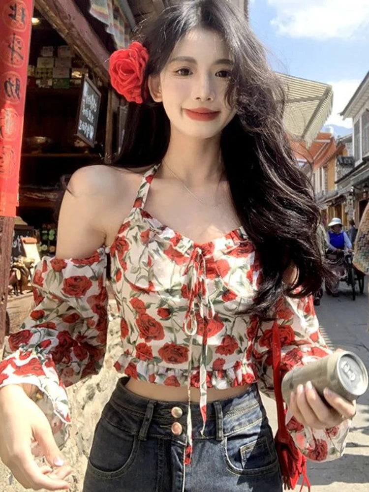 Summer French Vest Office Lady Y2k Crop Top Design Vneck Blouse Outwear Korean