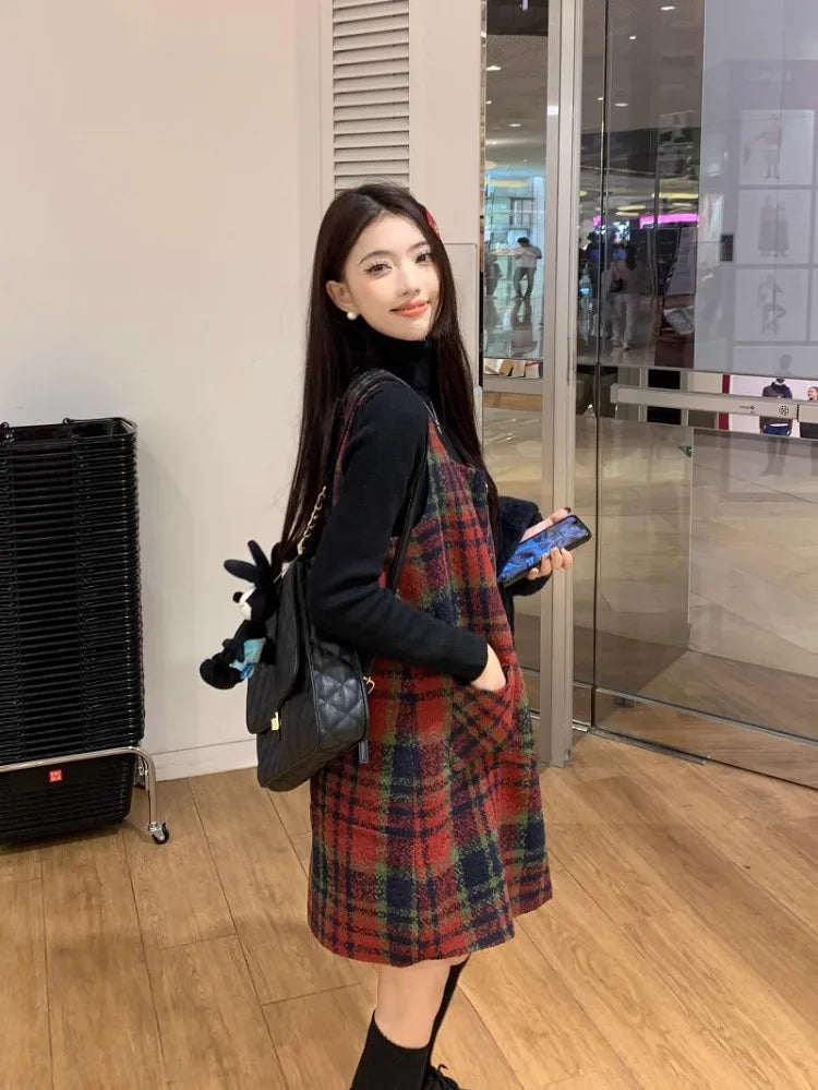 Christmas Red Plaid Strap Dress Female Autumn Winter New Dresses Slimming Sweet Age Reduction Woolen Base Skirt