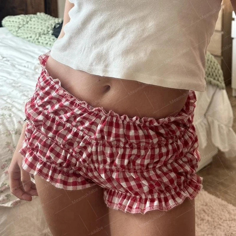 90s Cottage Plaid Shorts Elastic Slim Fit Bloomers Pants Kawaii Loungewear Fairy Retro Y2k Knickers Bottom