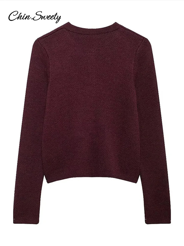 Autumn Knit Burgundy ’s Cardigans O-neck Single-breasted Long Sleeve Pocket Top Autumn Winter Lady All-match Knitwear