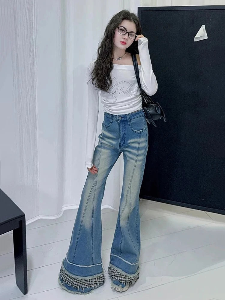 Stitch Raw Edge Ruffle Hem Flare Jeans Retro Tartan Plaid Whiskers Boot Cut Pants Grayu Y2k Korean