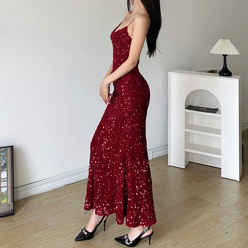 Sequined Velvet Mermaid Long Dress Party Evening Clubwear Korean Style Vneck Sleeveless Maxi Dresses New