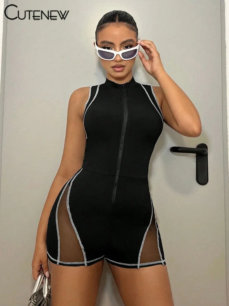 ’s Black Mesh Patchwork Playsuit Sleeveless Zipper Sporty Rompers Skinny Female Basic Jumpsuit