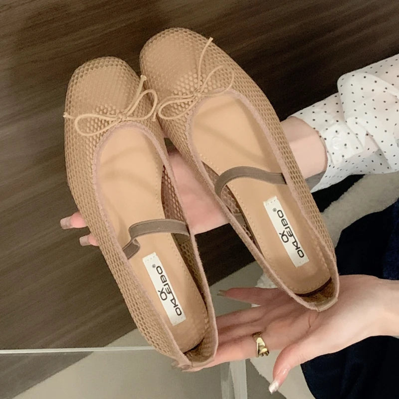 Simple Mesh Breathable Soft Bottom Mary Jane Shoes Design Bowknot Shallow Mouth Flat Shoes Party Ballet Dance Shoe