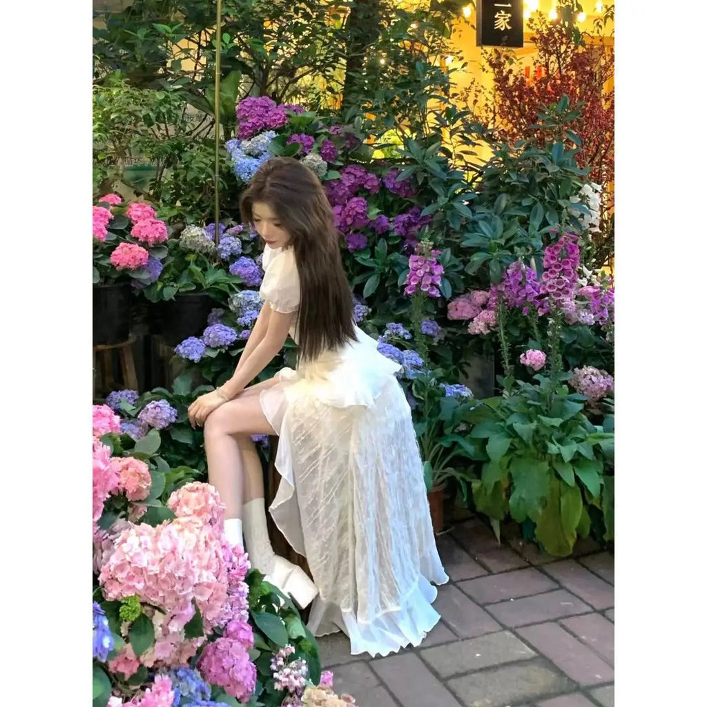 French Party Midi Dress Beach Style 2000s Y2k Clothing Short Sleeve One Piece Dress Korean Summer