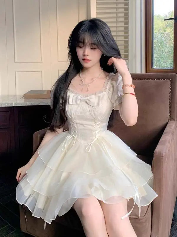 Lolita Kawaii Sweet Y2k Mini Dress Woman Short Sleeve Party Dress Japanese Lolita Korean Dress Summer