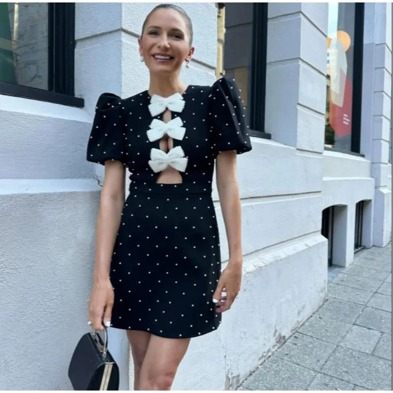 Bow Hollow Out Red Black Mini Dress Puff Sleeve Oneck Party Dresses Summer New Shinny Robe Vestidos