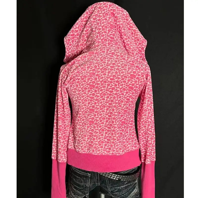 Autumn/winter American Retro Hot Girl Plum Pink Leopard Pattern Loose Hoodie Top Zipper Coat Sweatshirt for