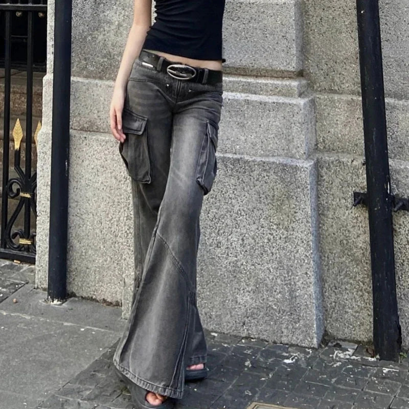 Distressed Washed Loose Cargo Jeans Spring New Korean Low Waist Pleated Denim Wide Leg Pants