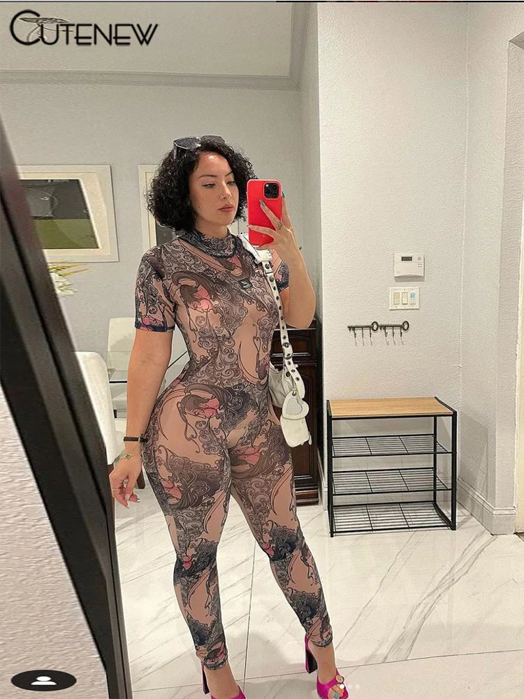 ’s Printed Jumpsuit Short-sleeves Fitness One Piece Sporty Attirewear Overalls Spring New