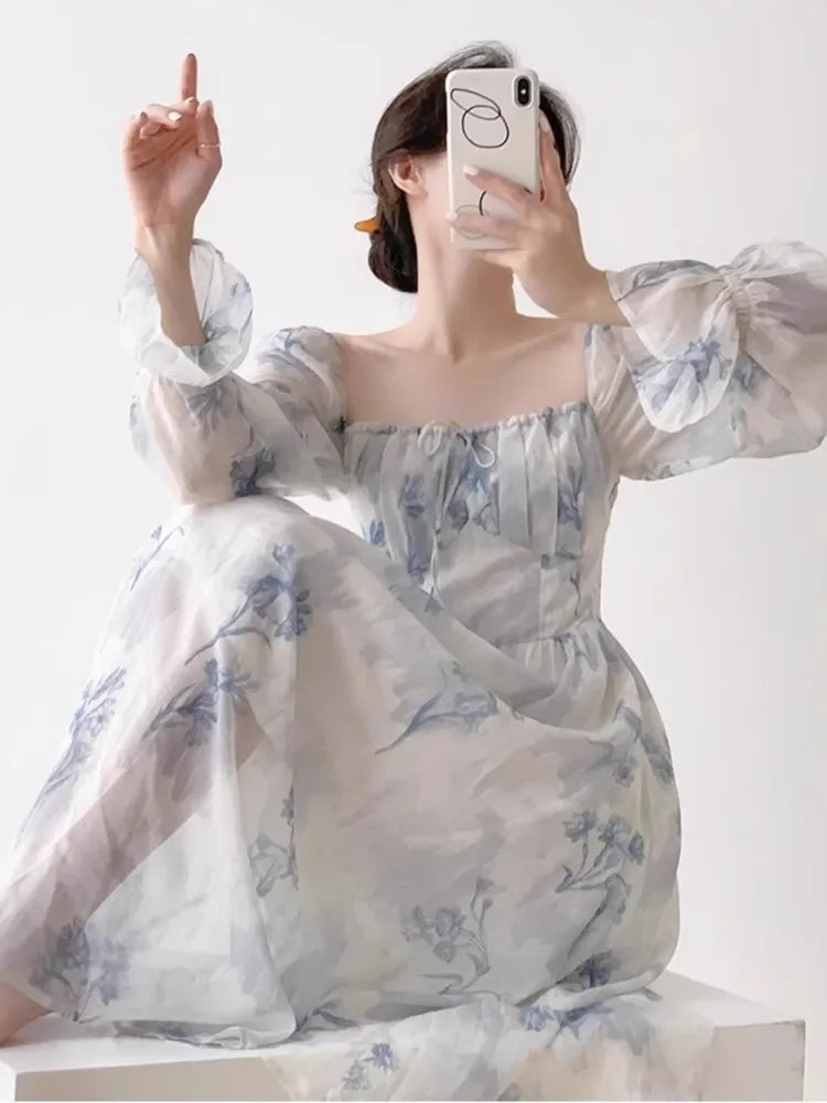 Autumn Printed Midi Dress Lantern Sleeve Square Collar Slim Waist Vestidos Holiday Outfits