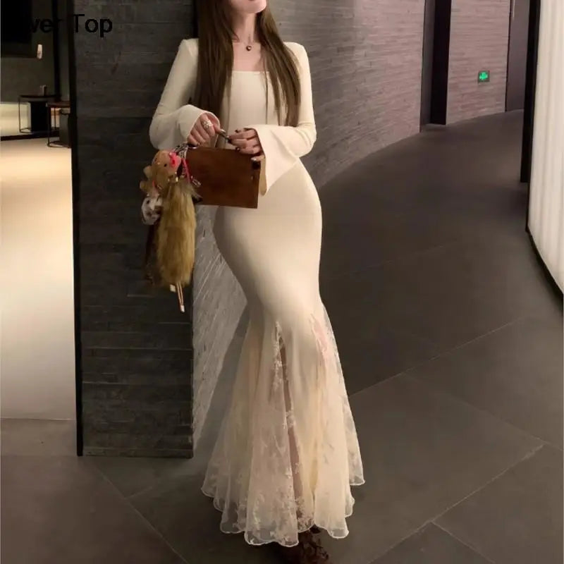 Bodycon Midi Dresses Flare Sleeve Slim Mermaid Dress Lace Fishtail Korean One Piece Party Dress Vestidos