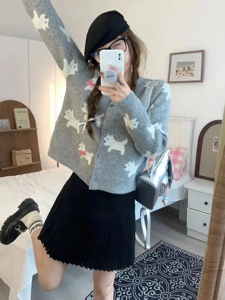 Korean Sweet Blue Gray Print Bow Button Sweater Round Neck Cardigans Long Sleeve Knitwear Tops Autumn Winter Clothing