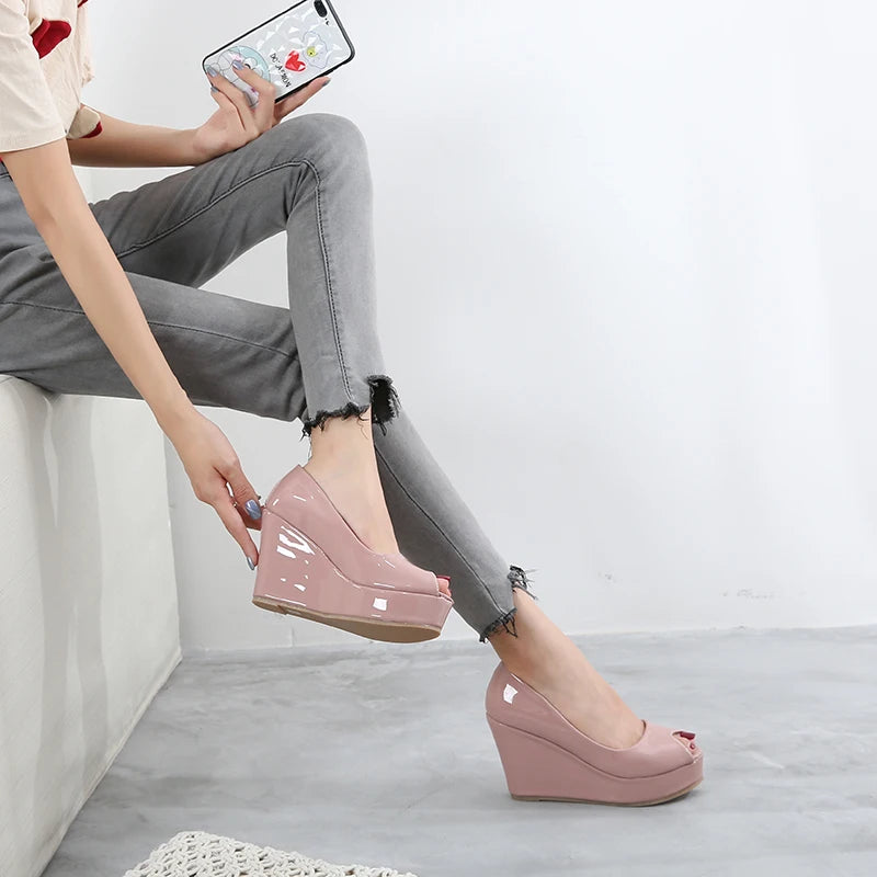 3143 New Wedge Open Toe Shoes High Heel Platform Shoes Patent Leather