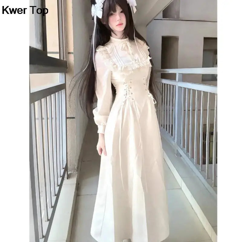 Princess Laceup Midi Dresses Autumn New Party Dress Long Sleeve Oneck High Waist Y2k Gothic Vestidos Mujer