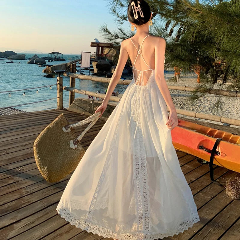 White Lace Spaghetti Straps Backless Summer Vneck Bandage Fairy Long Dress Club Birthday Party Evening Sundress