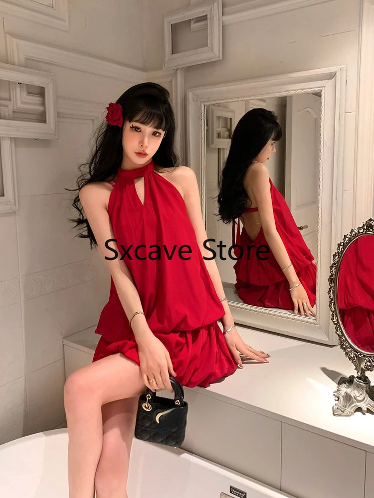 Red Mini Dress Club Even Party Clothing Outwear Sleeveless French Y2k Dress Female Summer