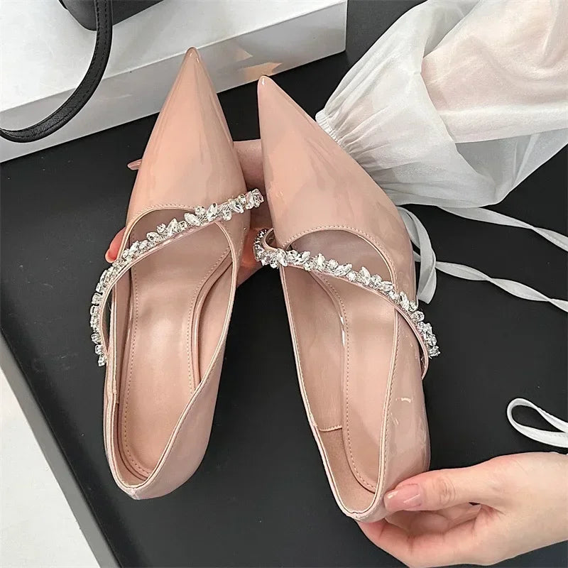 Rhinestone Chain Thin High Heels Pointed Toe Pumps Office Shoes Female Dress Shoes Zapatos De Mujer