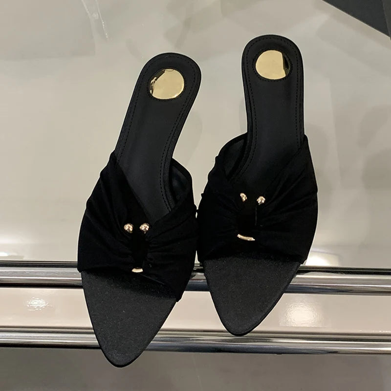 Pleated Silk Hollow Out Metal Buckle Slippers Sandal Summer Pointed Toe Low Thin Heels Beach Party Female Shoes