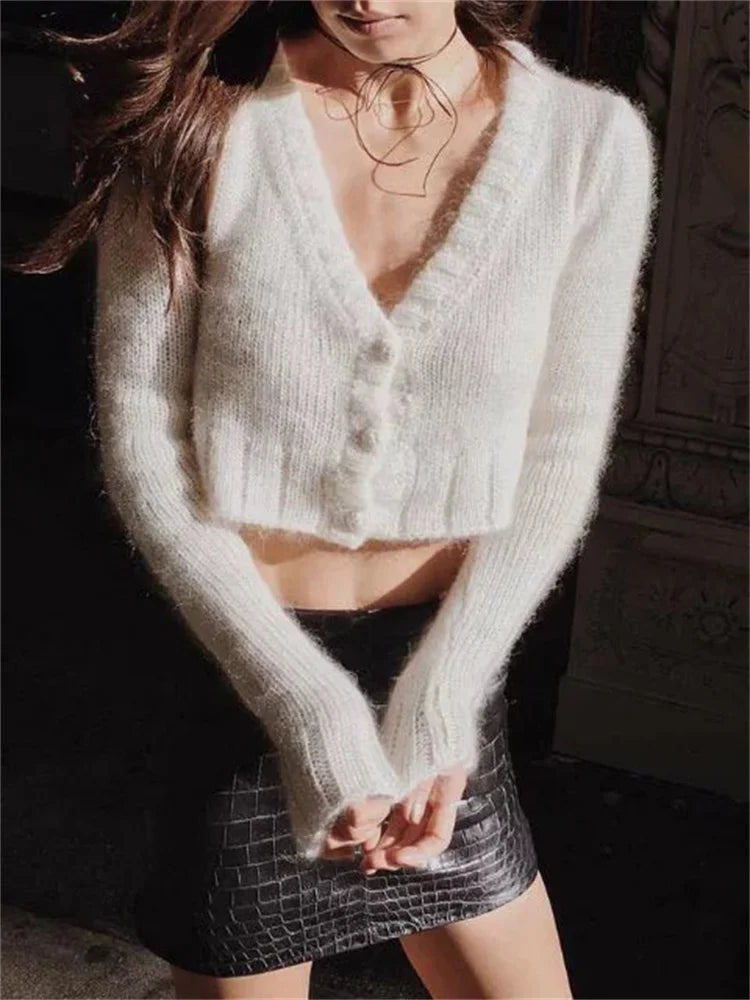 V-neck Knitwear Sweater Cardigan for Cropped Long Sleeve Cropped Knit Outwear ’s Patchwork Coat