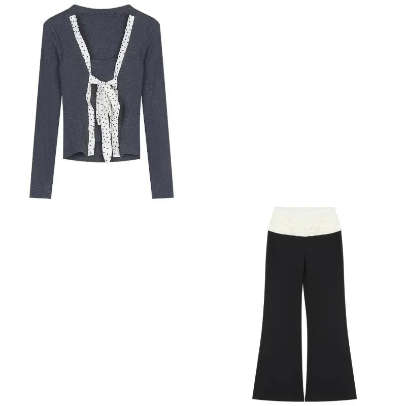 Spring New Korean Polka Dot Lace Up Longsleeved Tshirt + Contrast Color Patchwork Pants Twopiece Suit