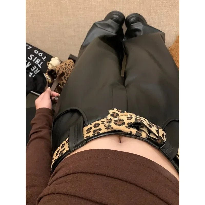 Color Allmatch Leather Wide Leg Pants Winter New High Waist Leopard Belt Loose Pants
