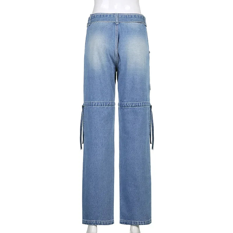 Y2k Street Retro Jeans Midiwaist Belt Drawstring Straight Pants Patchwork Style
