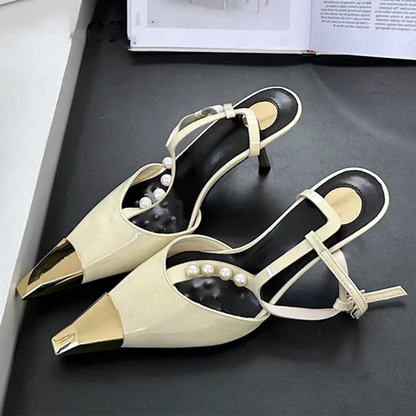 Metal Pointed Toe Stiletto Sandal Pearls Strap Buckle Designer High Heels Party Prom Shoes Summer Pumps