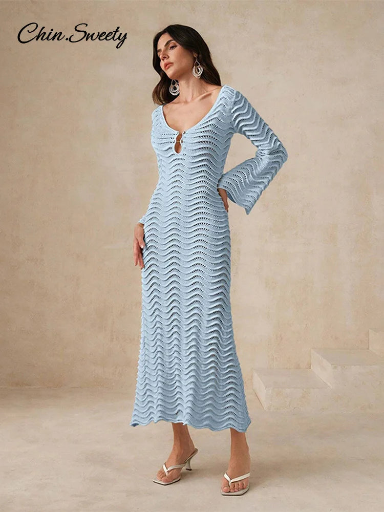 Beach Knit Hollow Out Maxi Dress Flare Sleeve Lace-up See-through Holiday Dresses Female Summer Lady Slim Robes
