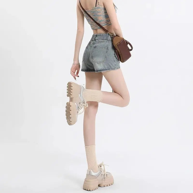 Hot Girl Retro Bow Denim Shorts Summer Shorts Skirts High Waist Hot Pants Strap High Waist Slimming Wide Legs Jeans